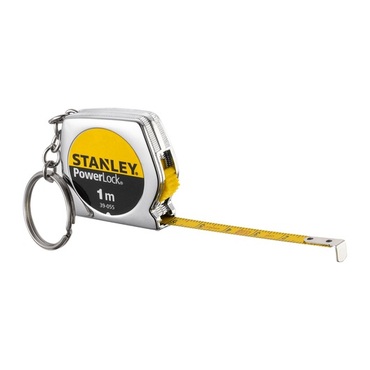 STANLEY 0-39-055 PowerLock 1m tape measure keychain, yellow and silver, side angle on white background.