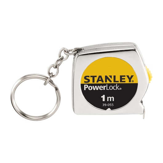 STANLEY 0-39-055 PowerLock 1m tape measure keychain, silver and yellow, front angle photo on white background.
