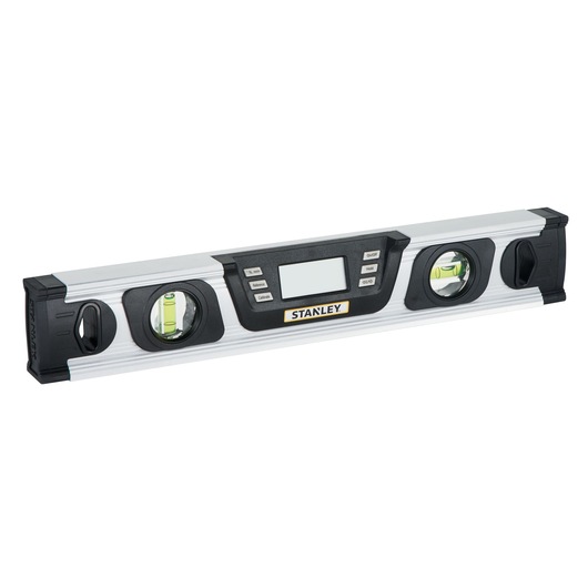 Photo of STANLEY 0-42-063 digital spirit level, silver with black accents, front angle on white background.