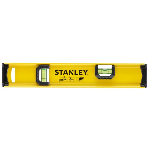 STANLEY 0-42-072 yellow spirit level with black ends and vials, front angle on white background.