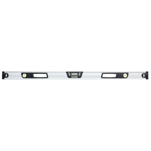 STANLEY 0-42-086 digital spirit level, silver with black accents, front view on white background.