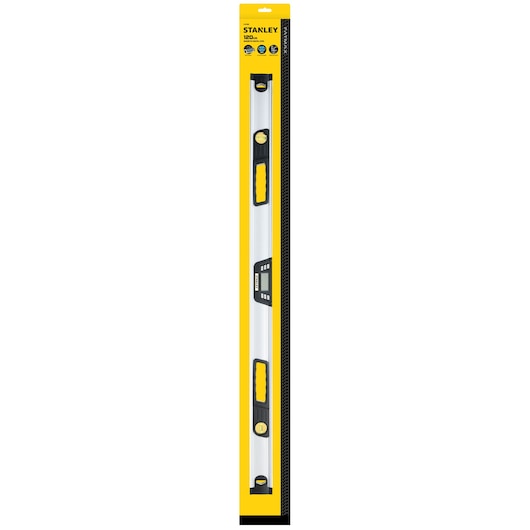 STANLEY 0-42-086 digital spirit level in yellow and black, front angle, packaged in branded cardboard.