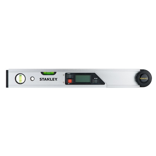 Photo of STANLEY 0-42-087 digital spirit level with LCD display and two vials, front angle.