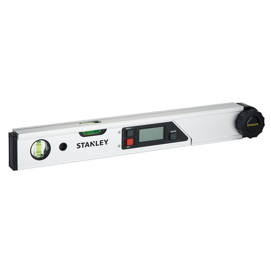Photo of STANLEY 0-42-087 digital angle level with LCD display, aluminum body, and black end cap, front angle.
