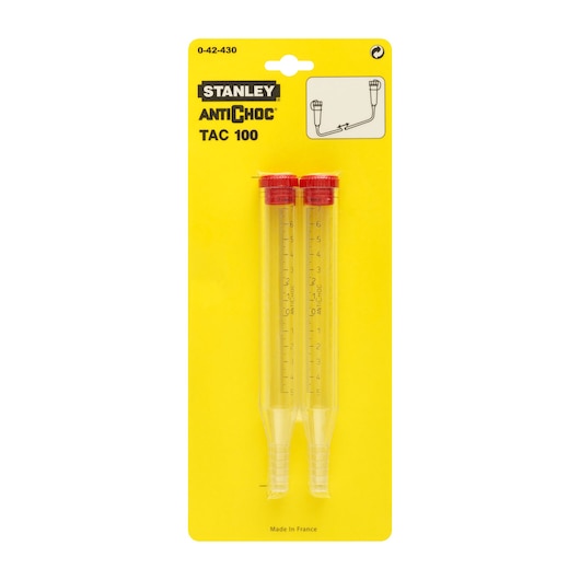 Photo of STANLEY 0-42-430 TAC 100 vials, two clear measuring tubes with red caps in yellow packaging, front view.