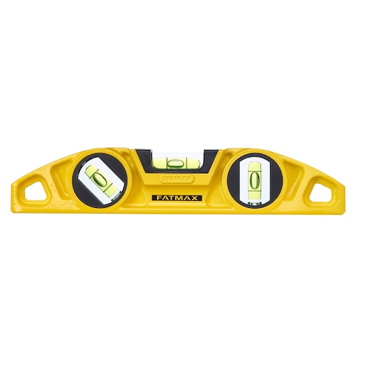 Yellow Stanley FatMax spirit level with three bubble vials for measuring horizontal and vertical alignment.