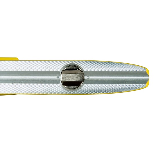 Close-up of a Stanley spirit level with a metallic finish and yellow sides, showing the adjusting screw.