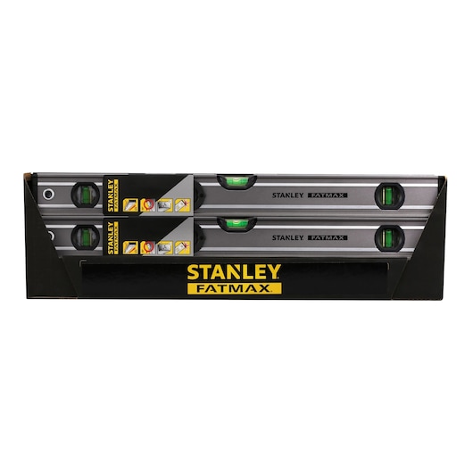 Stanley 0-43-624 FatMax level set, front angle, in black and yellow branded packaging.