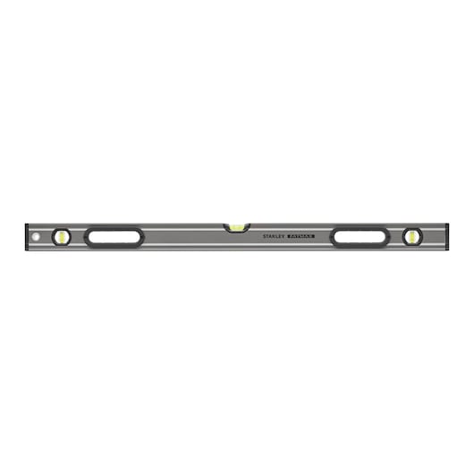 STANLEY 0-43-636 spirit level, silver body with black ends, horizontal front view, three vials, FatMax branding.