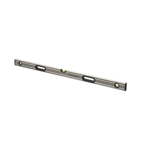 Stanley spirit level tool with three bubble vials, silver body, and black grips, used for measuring straight lines.