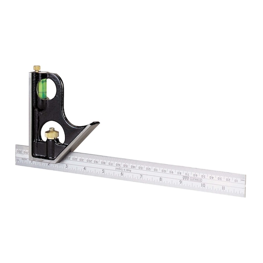 Photo of STANLEY 0-46-151 combination square with metal ruler, black body, brass fittings, and bubble vial, side angle.