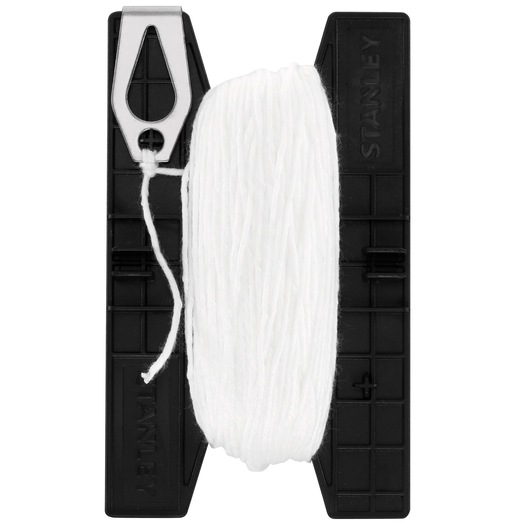 Stanley black plastic line holder with white string for marking straight lines in construction.