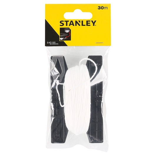 Photo of STANLEY 0-47-101 photography marking line, 30m white string on black winder in retail packaging, front view.
