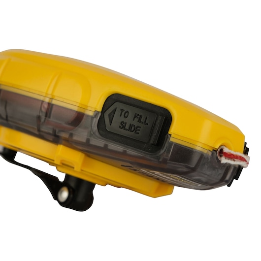 STANLEY 0-47-465 yellow chalk line reel close-up, showing slide-to-fill mechanism and string, side angle.