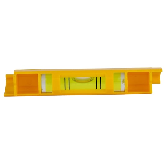 STANLEY 0-47-465 yellow plastic spirit level, front view, with three bubble vials.