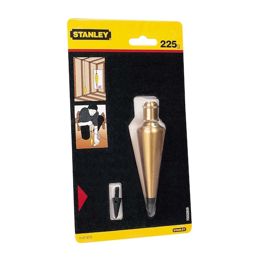 STANLEY 0-47-973 brass plumb bob set, front angle, packaged for sale.
