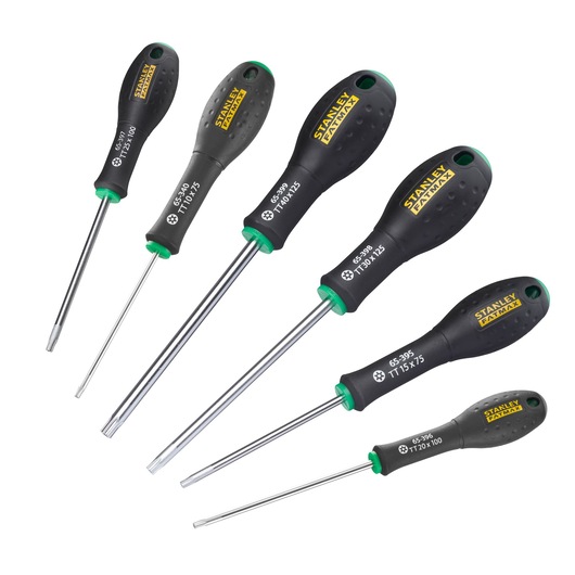 Set of six STANLEY torque screwdrivers with black and green handles, arranged side by side on white background.