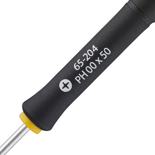 STANLEY 0-65-204 precision Phillips screwdriver, black handle with yellow accent, close-up on white background.