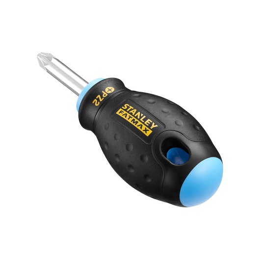 STANLEY 0-65-409 stubby Phillips screwdriver with black textured handle, blue accents, and visible PH2 tip, angled view.
