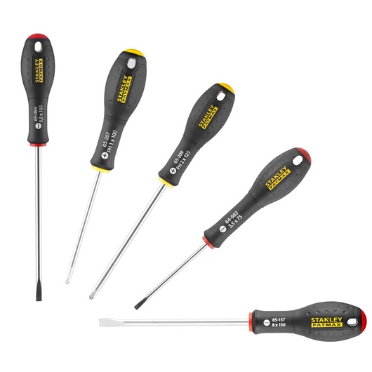 STANLEY 0-65-436 screwdriver set, five pieces, black and yellow ergonomic handles, flathead and Phillips, product photography, top view.