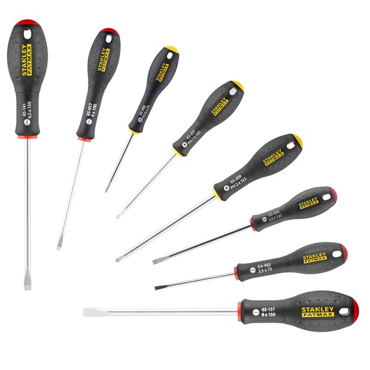 Eight STANLEY FATMAX screwdrivers with black handles are arranged on a white background, various sizes and types.