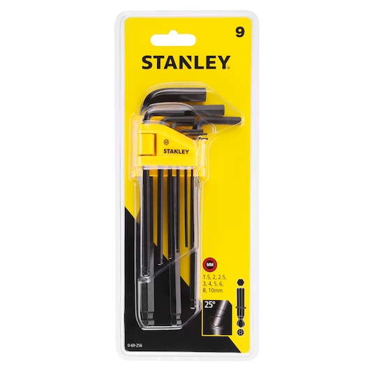 STANLEY 69-256-KR 9-piece hex key set in yellow and black packaging, front view.