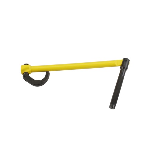 STANLEY 0-70-453 pipe wrench, yellow handle, black jaw and grip, side angle on white background.