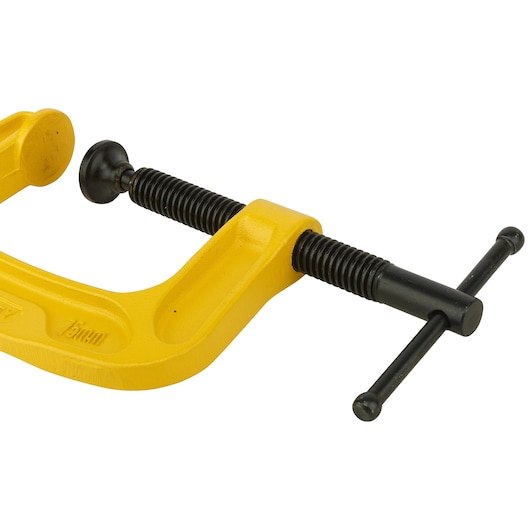 STANLEY 0-83-033 C-clamp with yellow frame and black screw, side angle on white background.
