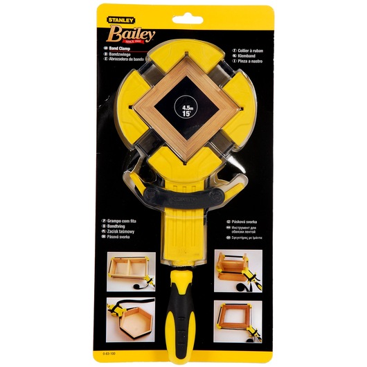 Stanley 0-83-100 band clamp, yellow and black, shown in retail packaging, photography front angle.
