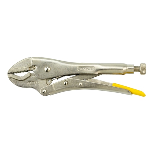 Metal locking pliers with curved jaws and yellow grip, shown on a white background.