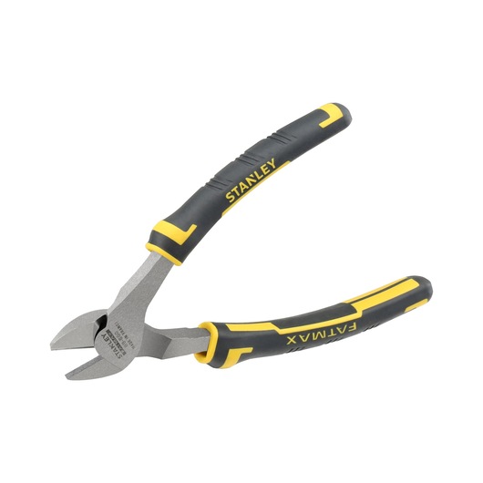 STANLEY 0-89-860 diagonal cutting pliers with black and yellow bi-material handles, side view on white background.