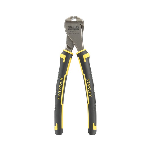 STANLEY 0-89-875 FATMAX diagonal cutting pliers, black and yellow handles, front angle photo.