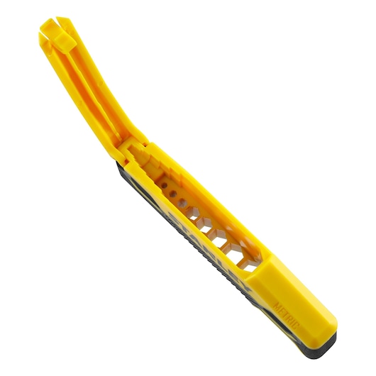 STANLEY 0-89-904 yellow and black metric folding hex key set, angled top view, white background.