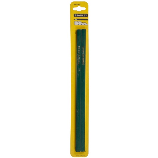Stanley 0-93-932 masonry pencils pack, green pencils on yellow card, front view.