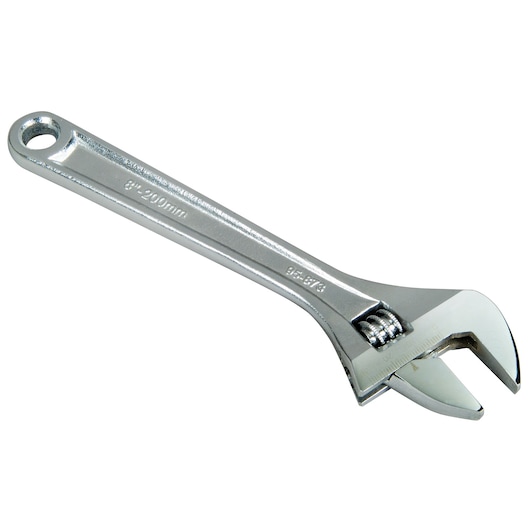 STANLEY 0-95-873 adjustable wrench, silver steel, 8-inch, side angle, photography on white background.
