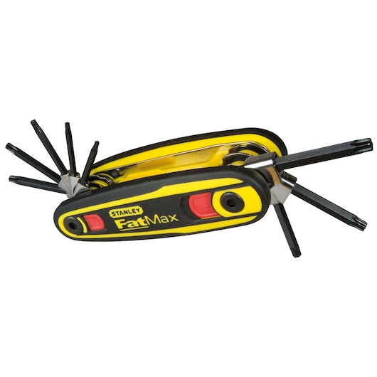 STANLEY 0-97-553 folding torx key set, yellow and black handle, side view, multiple keys extended.