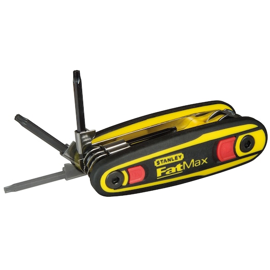 STANLEY 0-97-553 folding multi-bit screwdriver with black and yellow handle, side view, several bits extended.