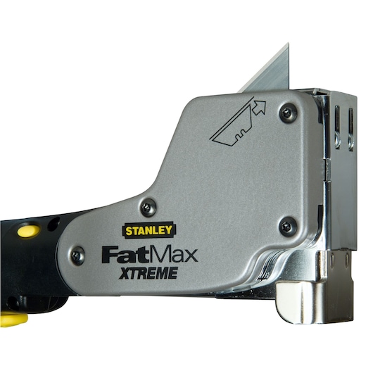Stanley FatMax Xtreme heavy duty stapler with visible blade, metallic finish, and ergonomic handle.
