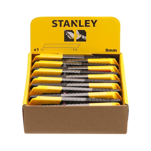 STANLEY 1-10-150 utility knife display box front angle with yellow knives arranged in a cardboard holder.