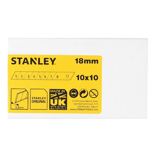 STANLEY 1-11-301 utility knife blades, 18mm, 10x10 pack, white box with yellow front label, front angle.
