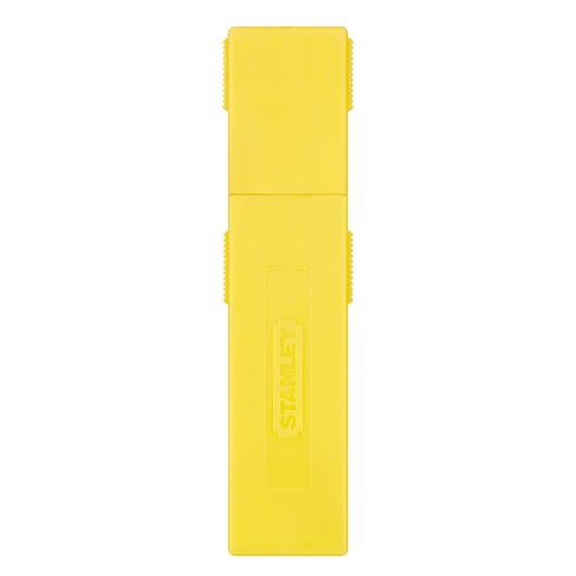 Photo of STANLEY 1-11-325 yellow plastic utility blade dispenser, front view, with embossed logo.