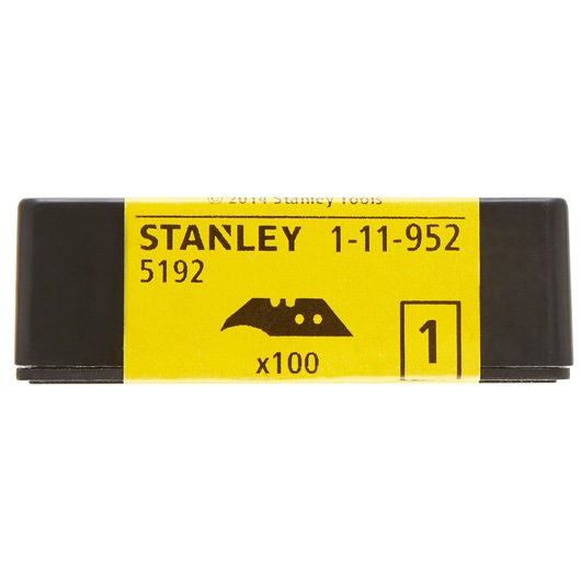 STANLEY 1-11-952 utility blades pack, yellow and black, front angle, 100 blades inside.