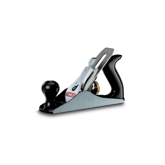 STANLEY 1-12-004 bench hand plane with black handle and knob, product angle on white background.