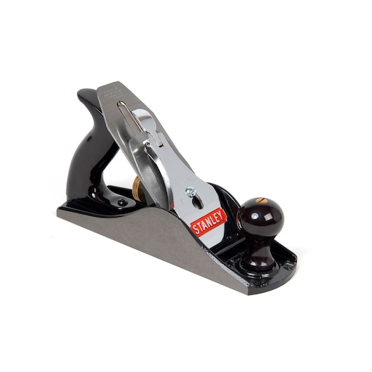 STANLEY 1-12-045 bench hand plane with black handle and front knob, side angle on white background.