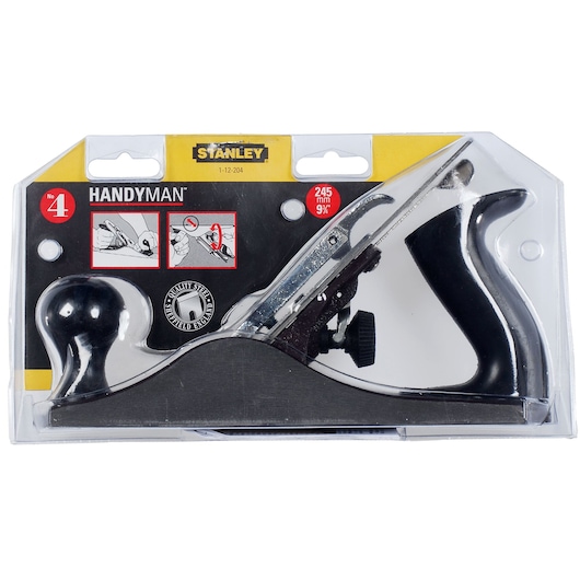 STANLEY 1-12-204 hand plane, No. 4, black handle, front angle, in retail packaging.