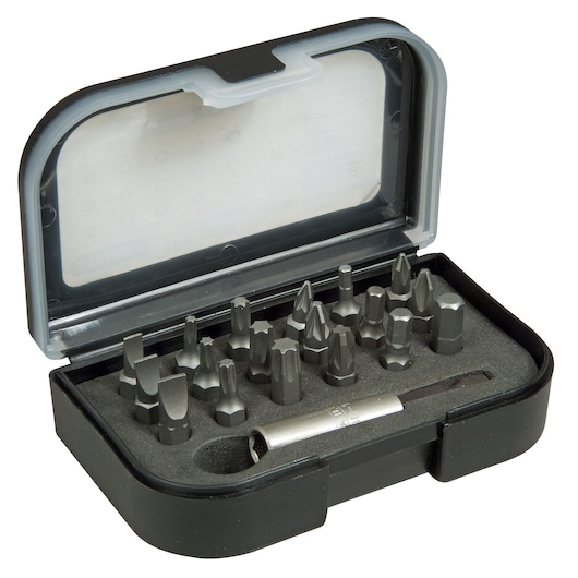STANLEY 1-13-901 compact black case with assorted screwdriver bits and holder, angled view on white background.