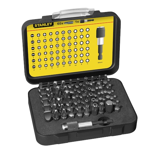 STANLEY 1-13-902 screwdriver bit set in black case, shown open with 60 bits and bit holder, front angle.