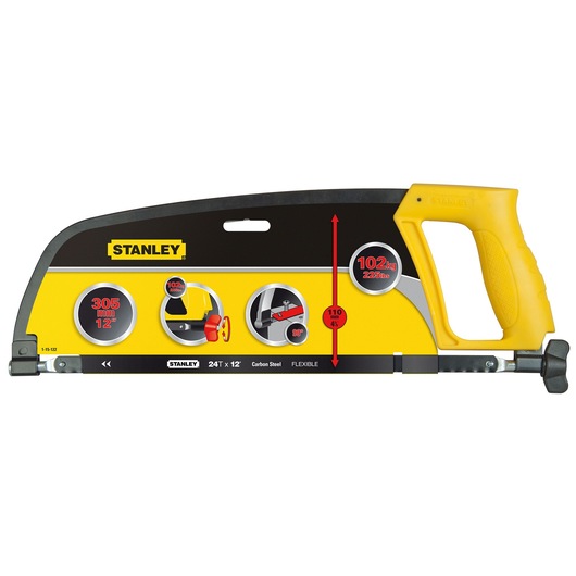 Photo of STANLEY 1-15-122 hacksaw with yellow handle, 12-inch blade, and product specs on packaging, side angle.