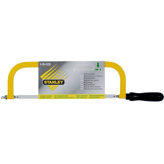 Photo of STANLEY 1-15-123 hacksaw with yellow frame and black straight handle, front angle on white background.
