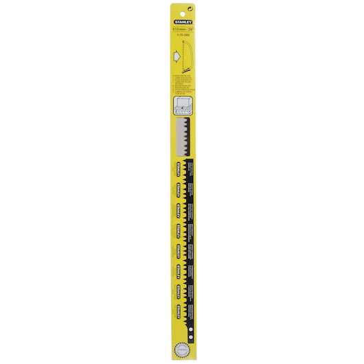 STANLEY 1-15-385 saw blade packaging, yellow color, frontal view, shows blade details and branding.